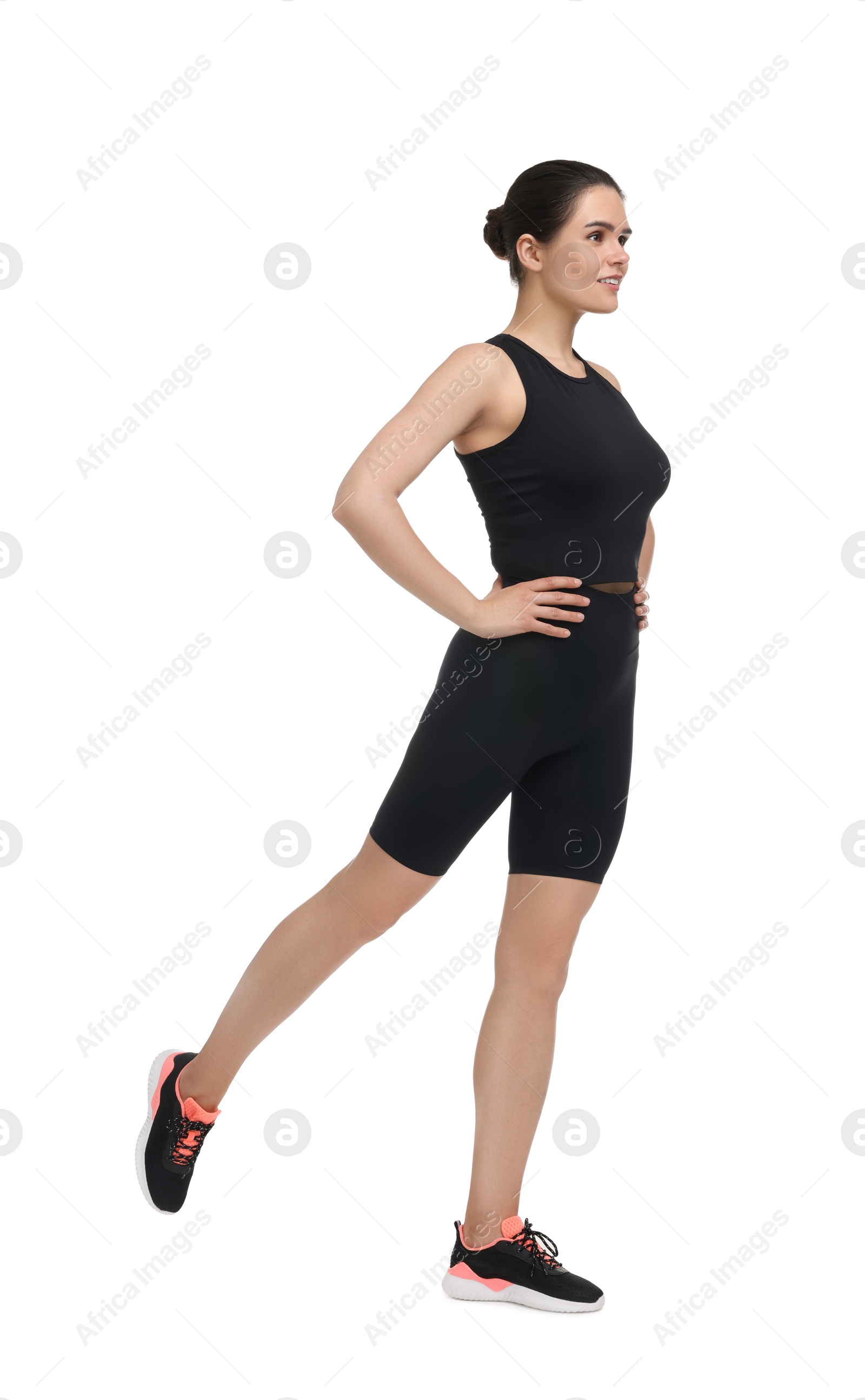 Photo of Woman doing morning exercise on white background