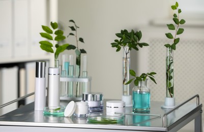 Photo of Many containers and glass tubes with leaves on white table indoors