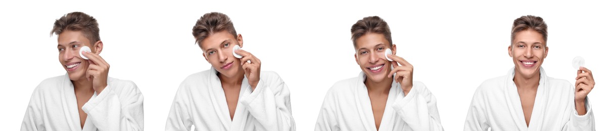 Handsome man with cotton pads on white background, set of photos