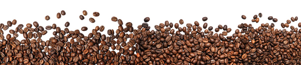 Image of Many roasted coffee beans on white background, top view. Banner design