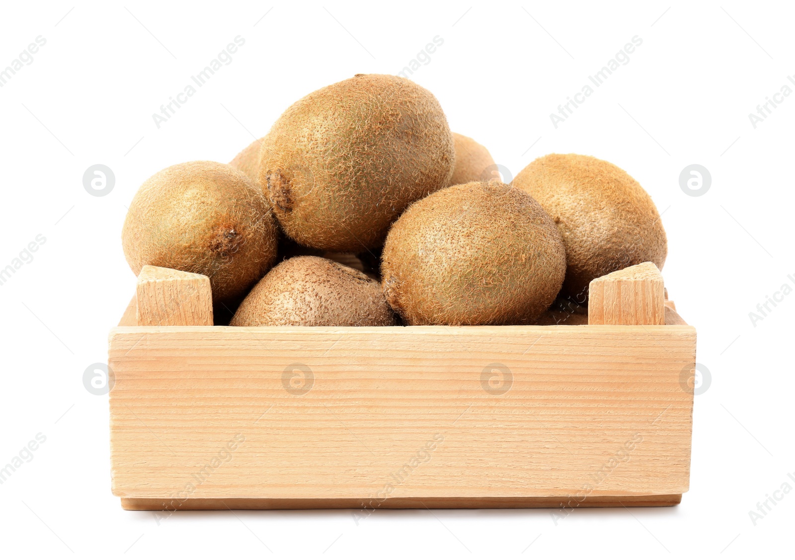 Photo of Whole fresh kiwis in wooden crate isolated on white