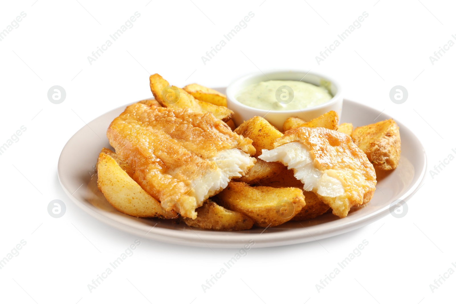 Photo of Plate with British Traditional Fish and potato chips on white background