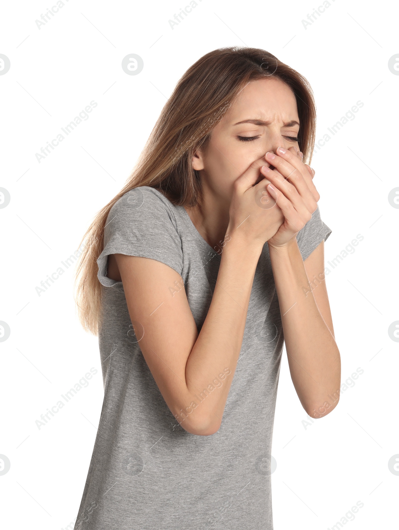 Photo of Woman suffering from nausea on white background. Food poisoning