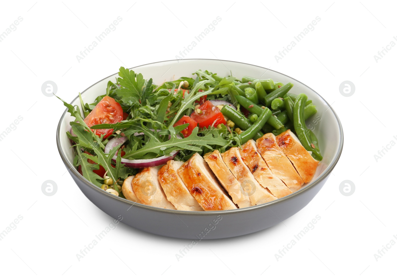 Photo of Healthy meal. Tasty vegetables and chicken breast in bowl isolated on white