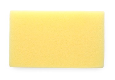 Photo of One yellow sponge isolated on white, top view