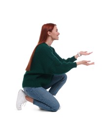 Portrait of happy woman posing on white background