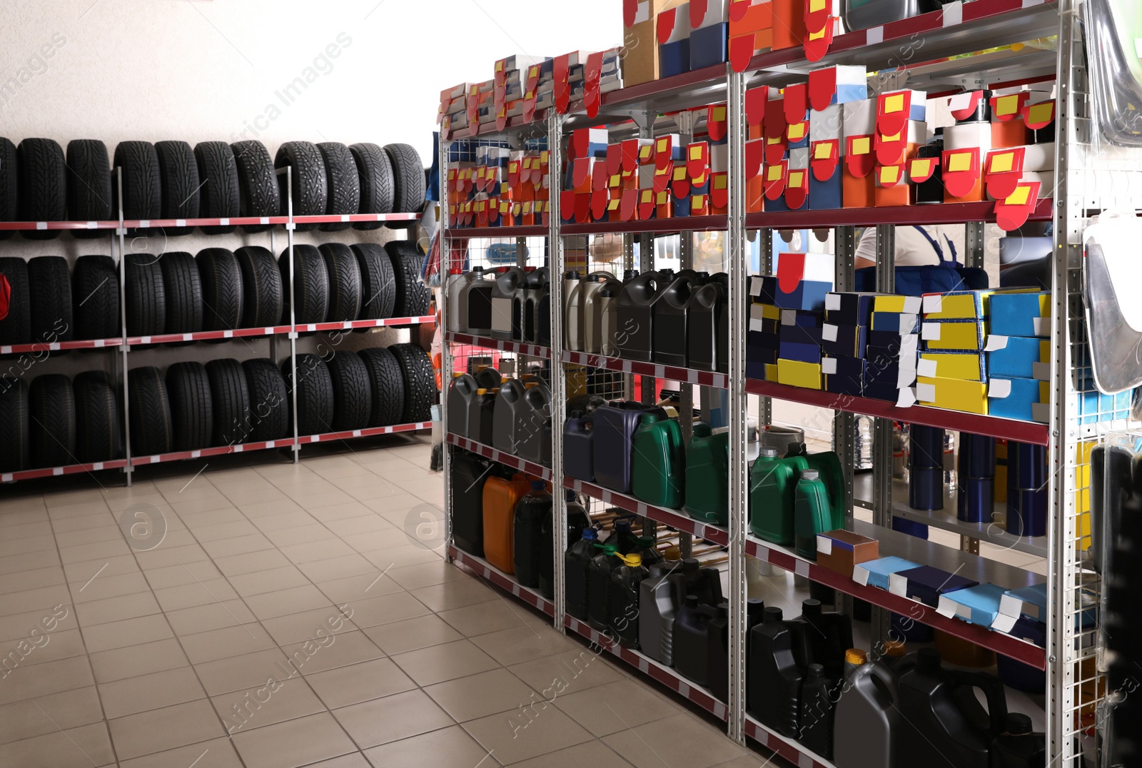 Image of Tires and car care products in auto store
