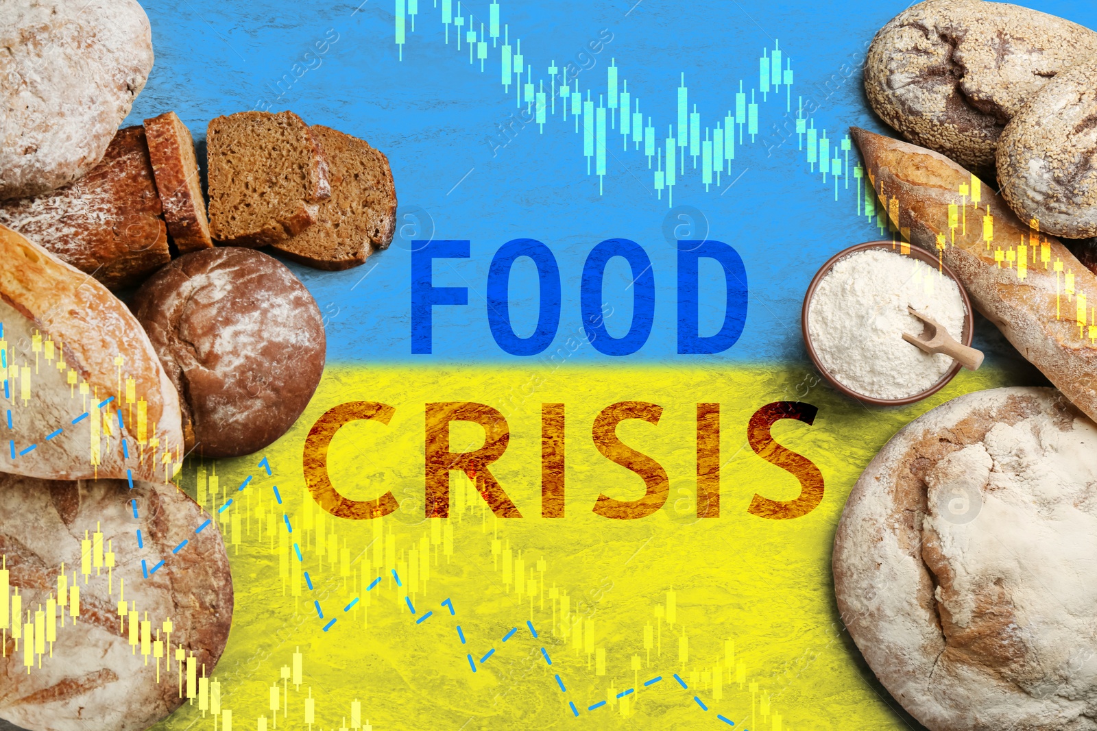 Image of Global food crisis concept. Different kinds of fresh bread on background in colors of Ukrainian flags, flat lay