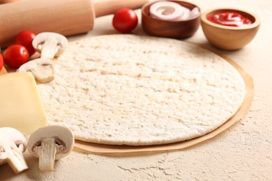 Pizza base, ketchup and products on light textured table, closeup