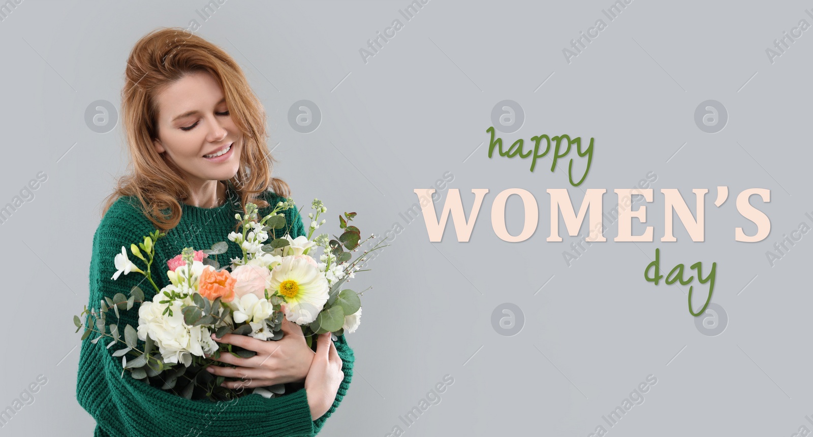 Image of Happy Women's Day, Charming lady holding bouquet of beautiful flowers on grey background