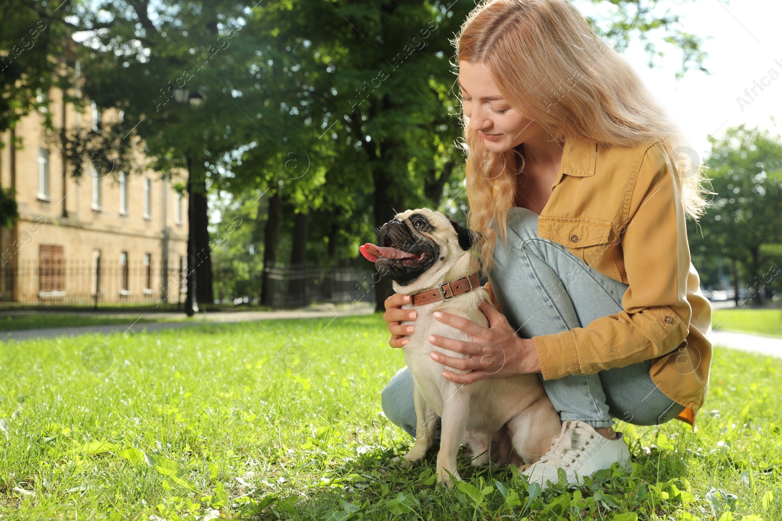 Photo of Woman with cute pug dog outdoors on sunny day, space for text. Animal adoption