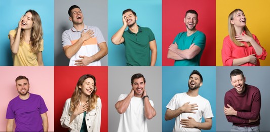 Image of Collage with photos of people laughing on different color backgrounds. Banner design