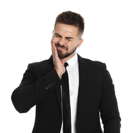 Photo of Businessman suffering from acute toothache on white background