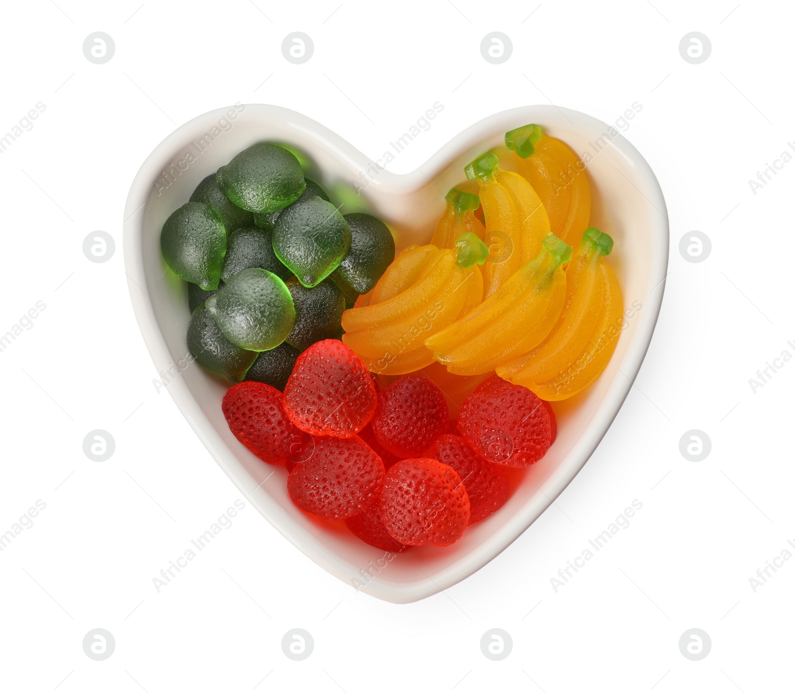 Photo of Delicious gummy fruit shaped candies on white background, top view