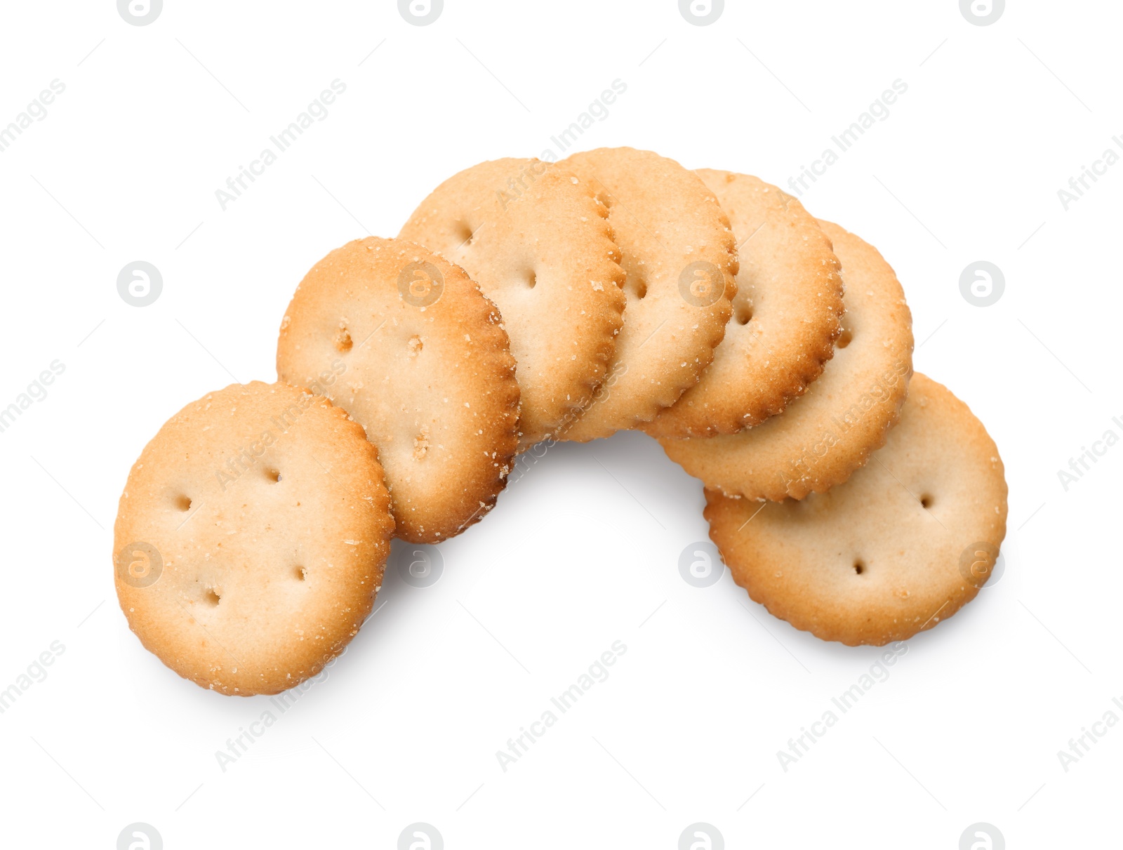 Photo of Delicious crispy crackers isolated on white, top view