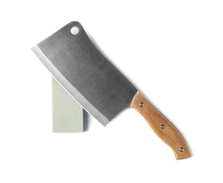 Photo of Cleaver knife and grindstone isolated on white, top view