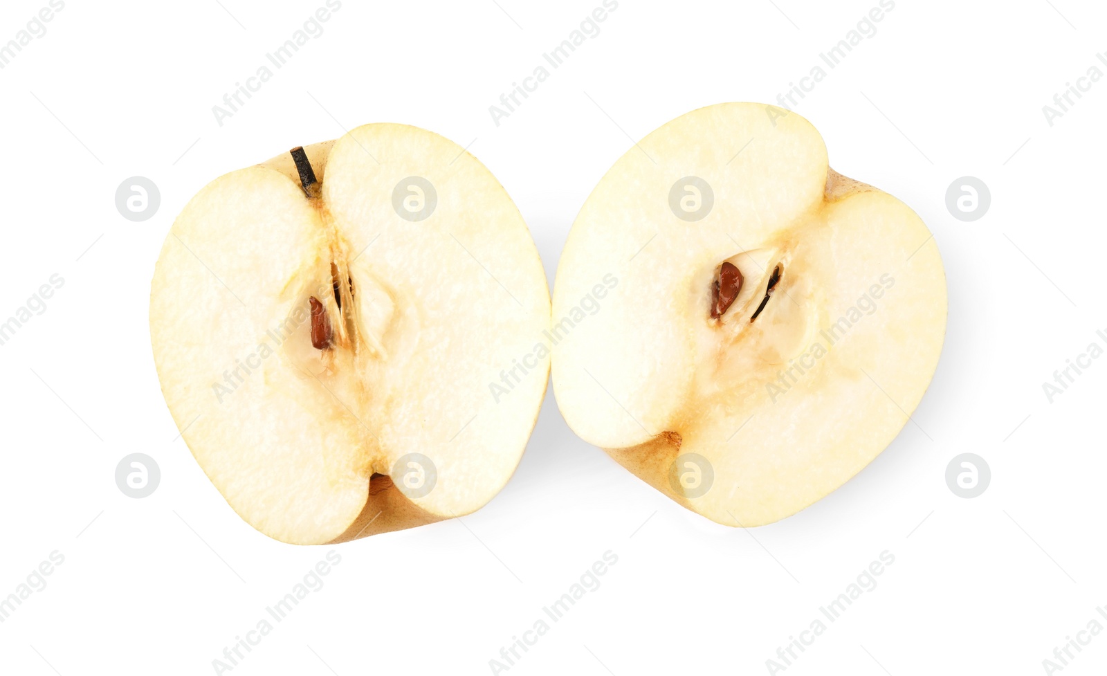 Photo of Halves of fresh apple pear isolated on white, top view