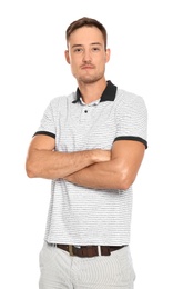 Young man in casual clothes posing on white background