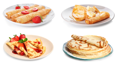 Image of Set of tasty thin pancakes on white background. Banner design