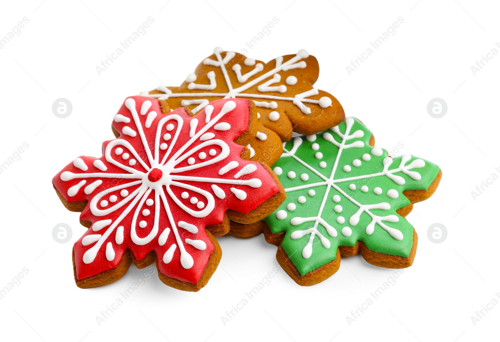 Photo of Tasty Christmas cookies in shape of snowflakes isolated on white