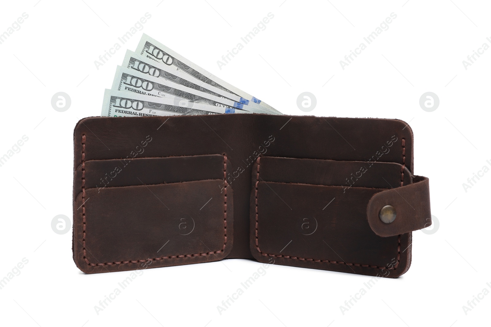 Photo of Stylish brown leather wallet with money isolated on white