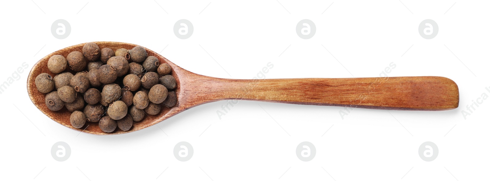 Photo of Dry allspice berries (Jamaica pepper) in spoon isolated on white, top view