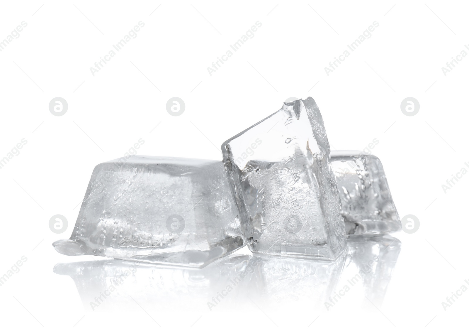 Photo of Crystal clear ice cubes on white background