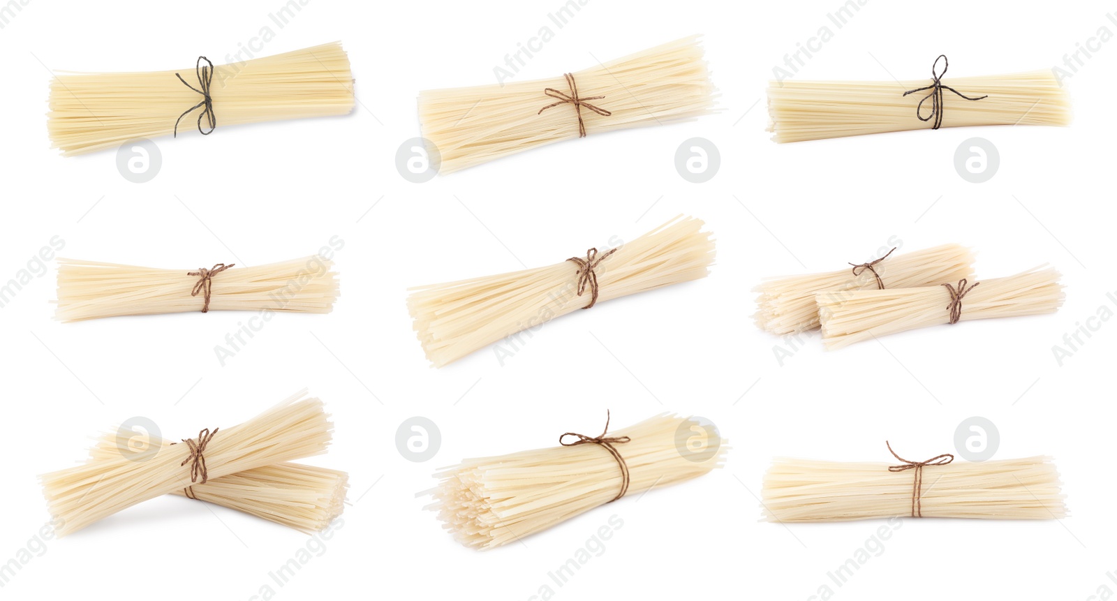 Image of Set with dried rice noodles on white background