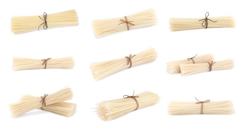 Image of Set with dried rice noodles on white background