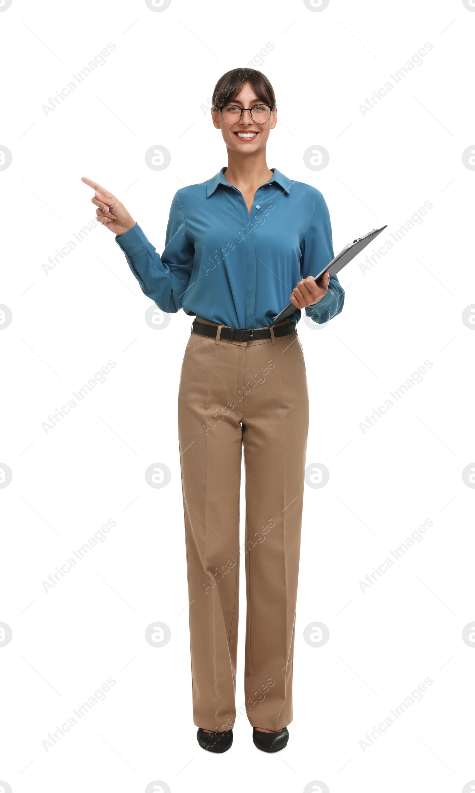 Photo of Happy secretary with clipboard pointing at something on white background