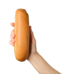 Photo of Woman with fresh hot dog bun on white background, closeup