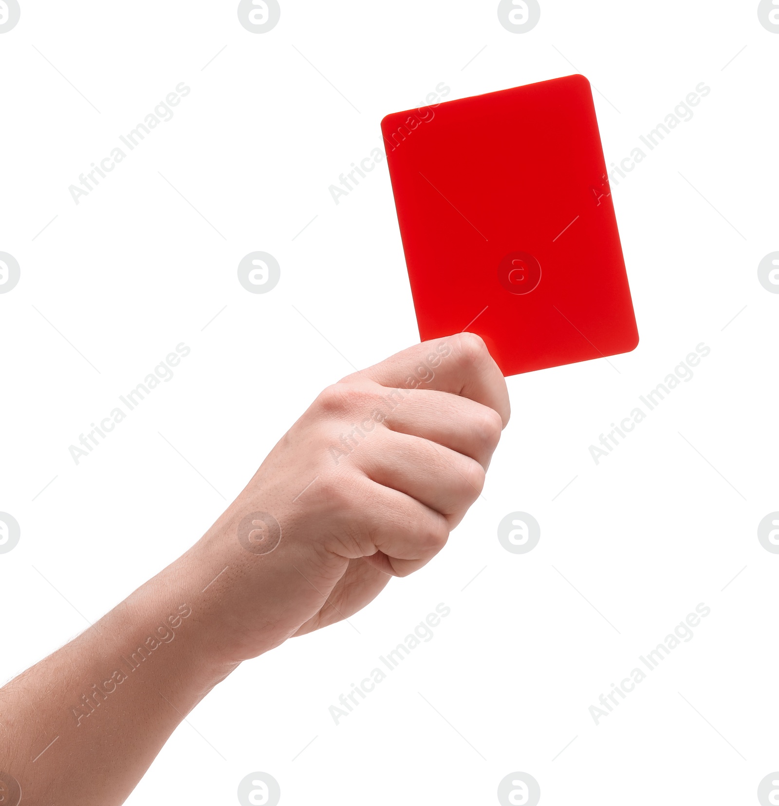 Photo of Referee holding red card on white background, closeup