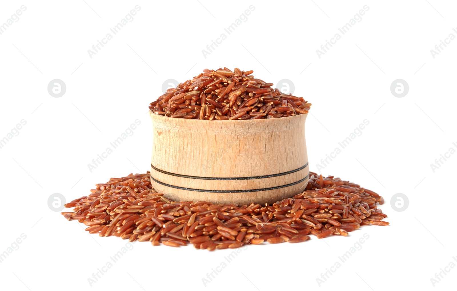 Photo of Bowl and uncooked brown rice on white background