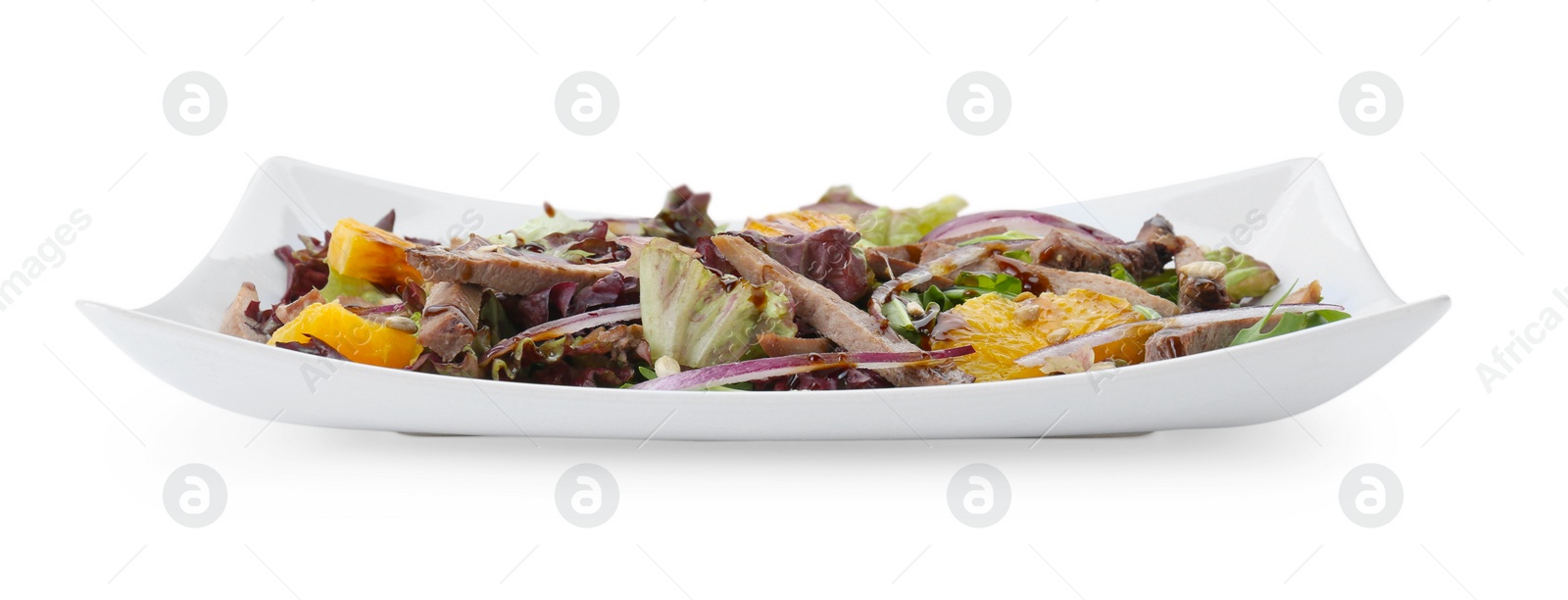 Photo of Delicious salad with beef tongue, orange and onion isolated on white