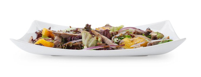 Delicious salad with beef tongue, orange and onion isolated on white