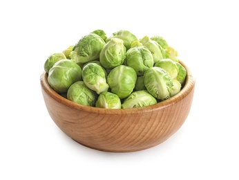 Photo of Bowl of fresh Brussels sprouts isolated on white