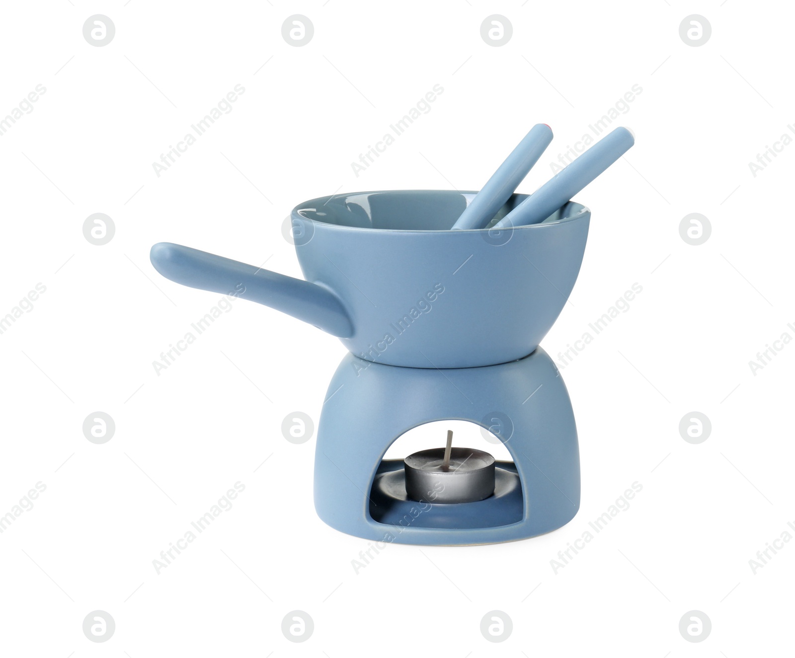 Photo of Fondue set isolated on white. Kitchen equipment