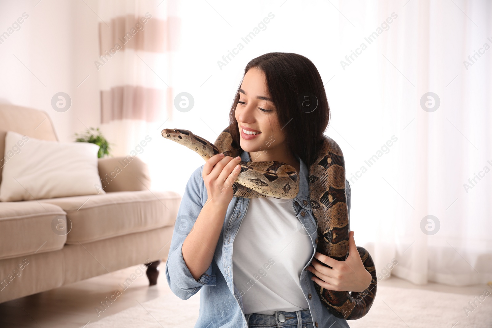 Photo of Young woman with her boa constrictor at home. Exotic pet