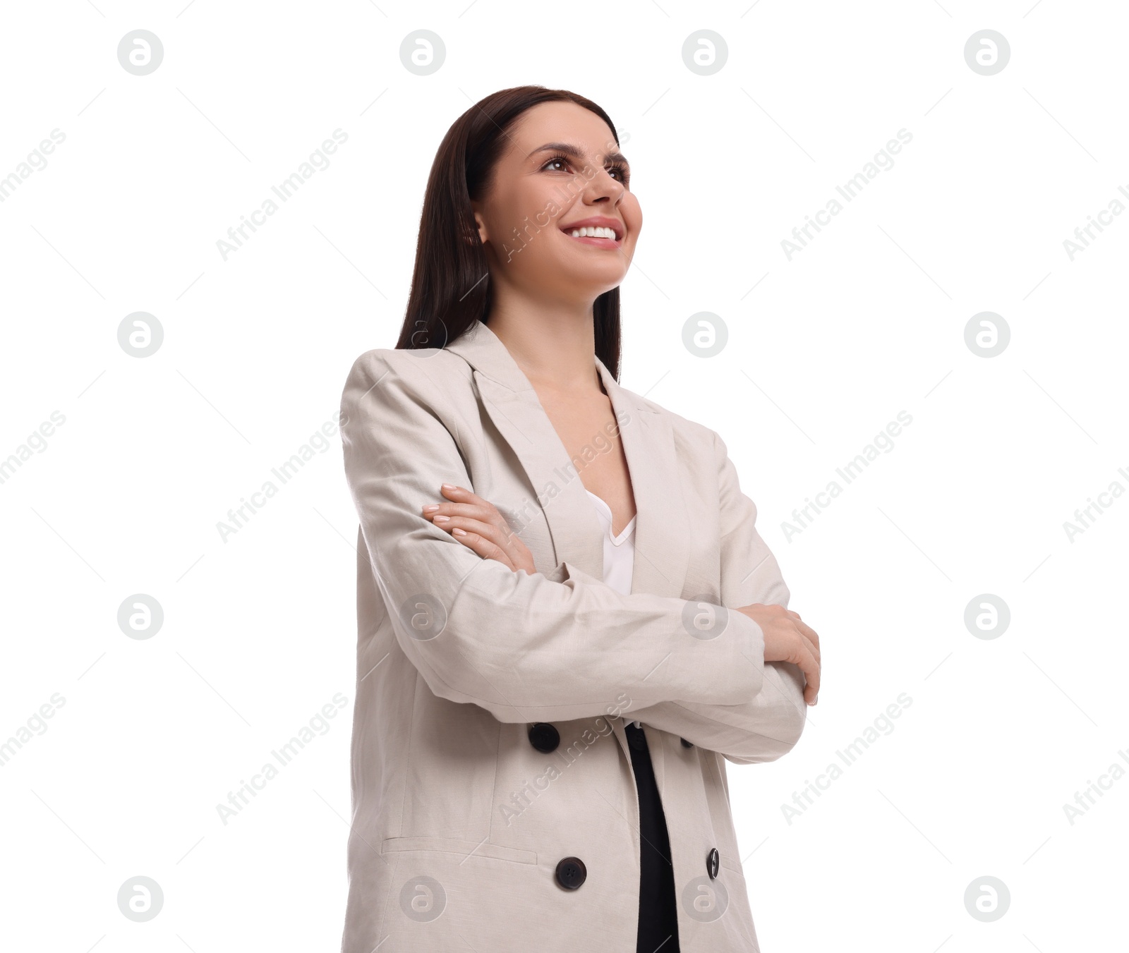 Photo of Beautiful businesswoman in suit on white background, low angle view