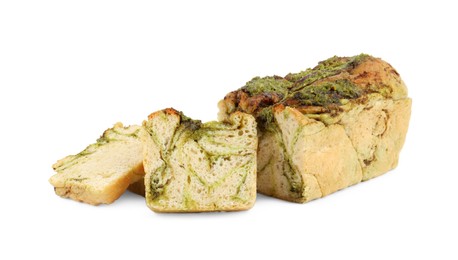 Photo of Freshly baked pesto bread isolated on white