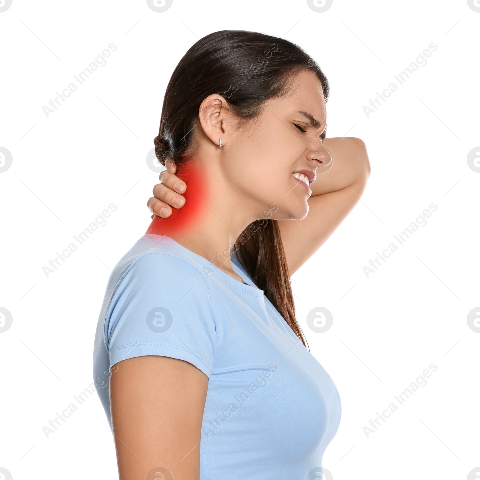 Image of Woman suffering from rheumatism on white background