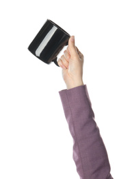 Photo of Woman holding cup on white background, closeup