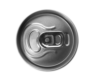 Photo of Top view of aluminum can with beverage on white background