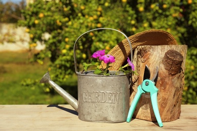 Photo of Set of gardening tools on wooden table outdoors