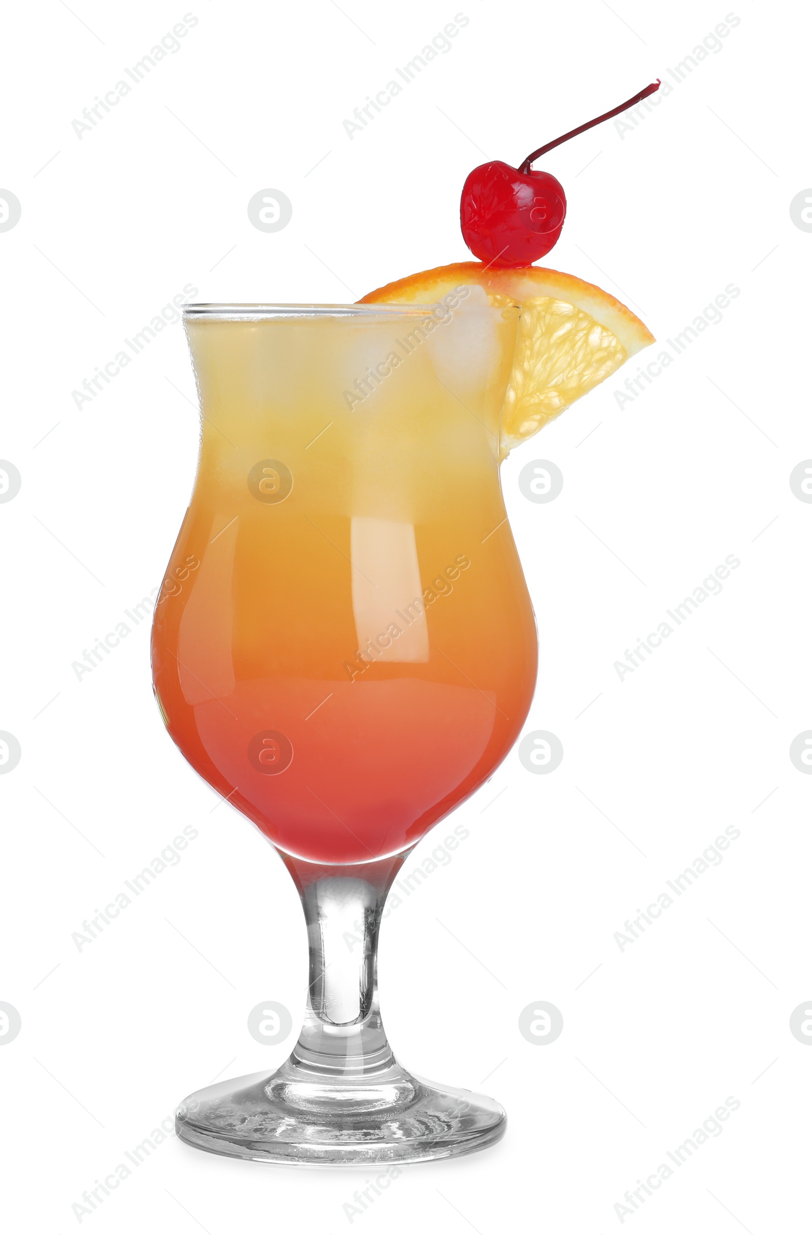 Photo of Fresh alcoholic Tequila Sunrise cocktail isolated on white