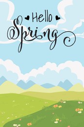 Illustration of Hello Spring card. Flowers blooming in meadow under blue sky, illustration