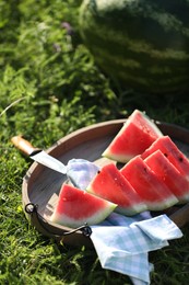 Photo of Slices of tasty ripe watermelon on green grass outdoors