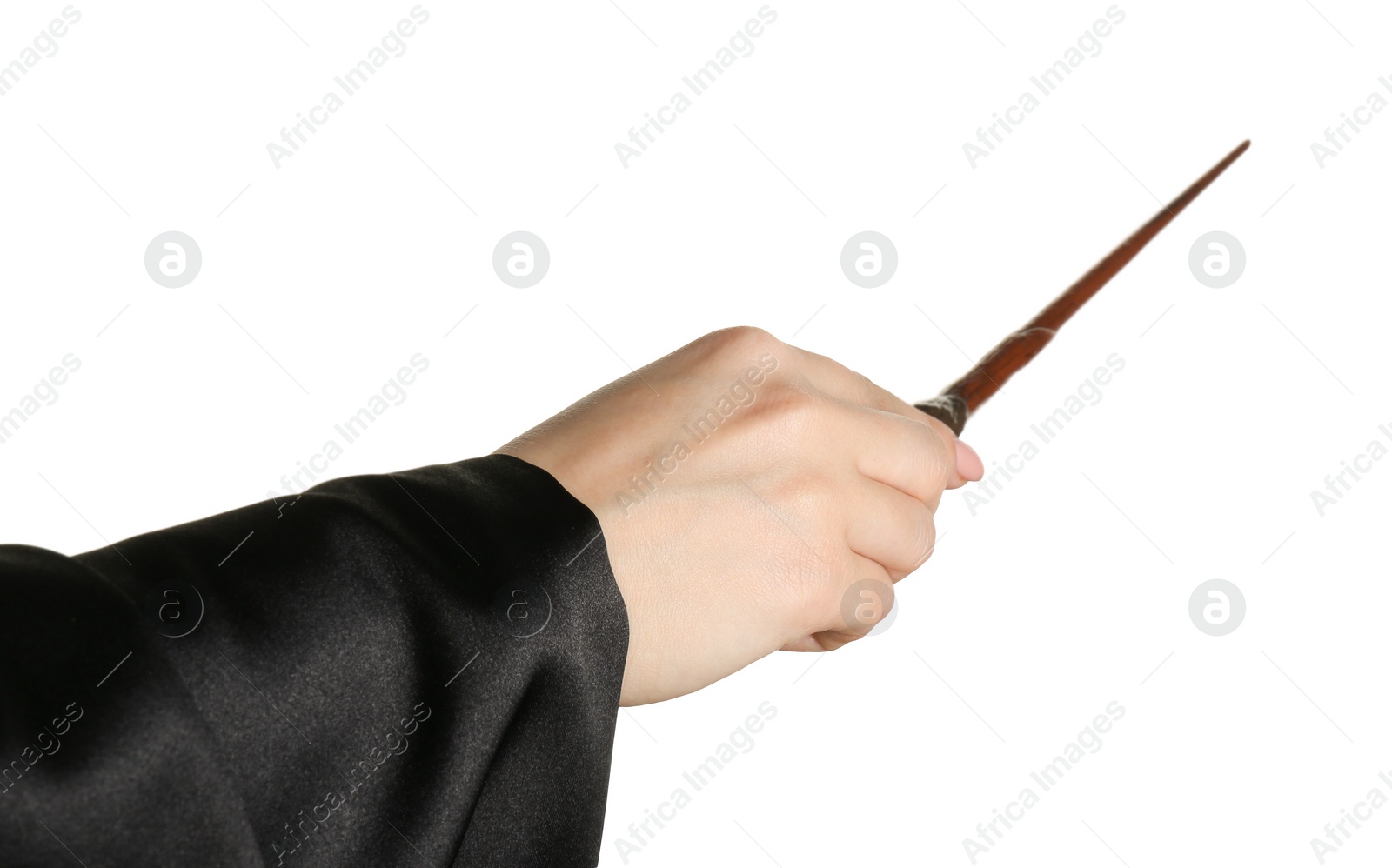 Photo of Wizard holding magic wand on white background, closeup