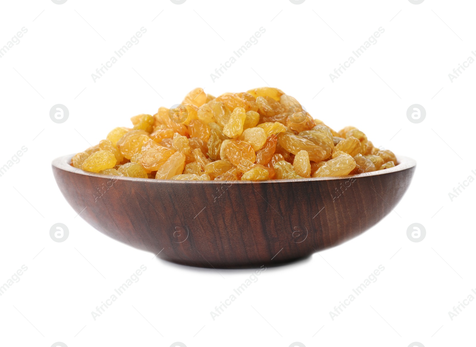 Photo of Bowl with dried golden raisins isolated on white. Healthy nutrition with fruits