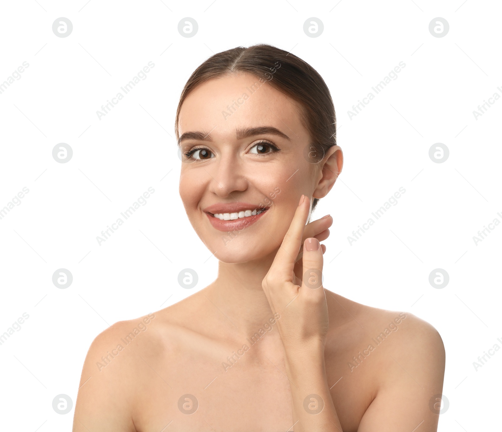 Photo of Beautiful woman with perfect smooth skin on white background
